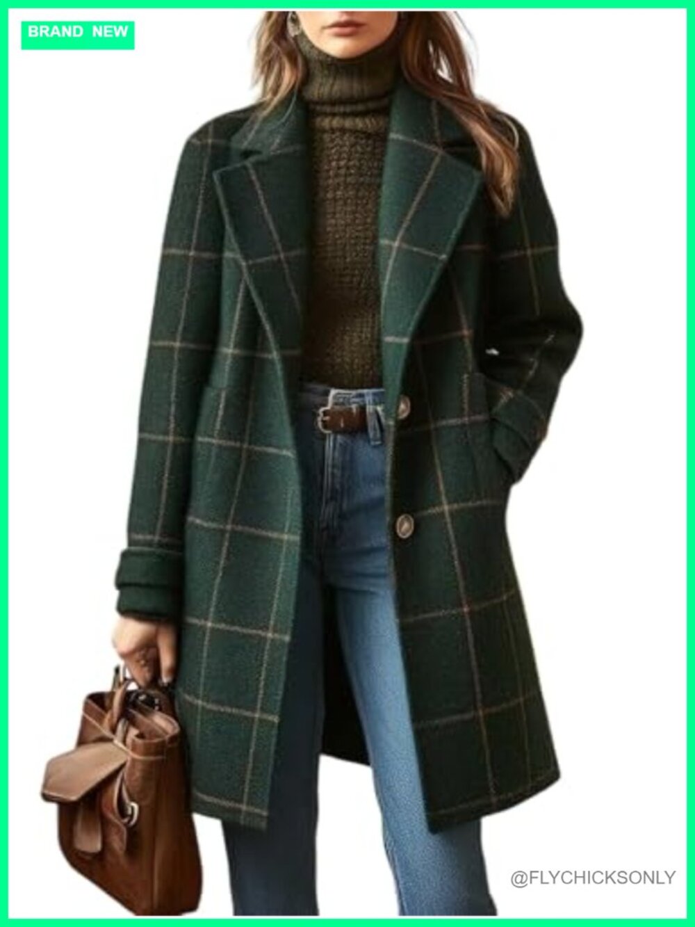 Women's Plaid Wool Trench Coat Notch Collar Button Down Mid Long Overcoat